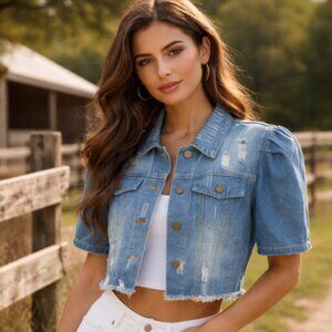 Falmer Heritage Cropped Distressed Denim Jacket Puff Sleeve | Western M/L